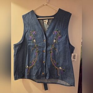 Vintage Deadstock Bon Worth Denim Vest with Bird Embroidery XL NWT
